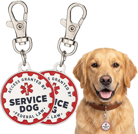 Service Dog Tag, 2 Pack: Metal Pet ID Tags for Service Animals, Emotional Support Dogs and Therapy Dogs, 1.25 Inch Diameter, Double Sided, Navy Lettering and Red Enamel Trim